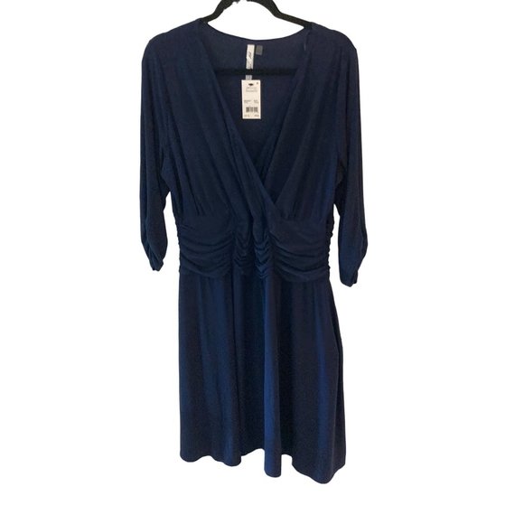 NWT NY COLLECTION PLUS SIZE RUCHED A-LINE DRESS NAVY 1X - Picture 3 of 10